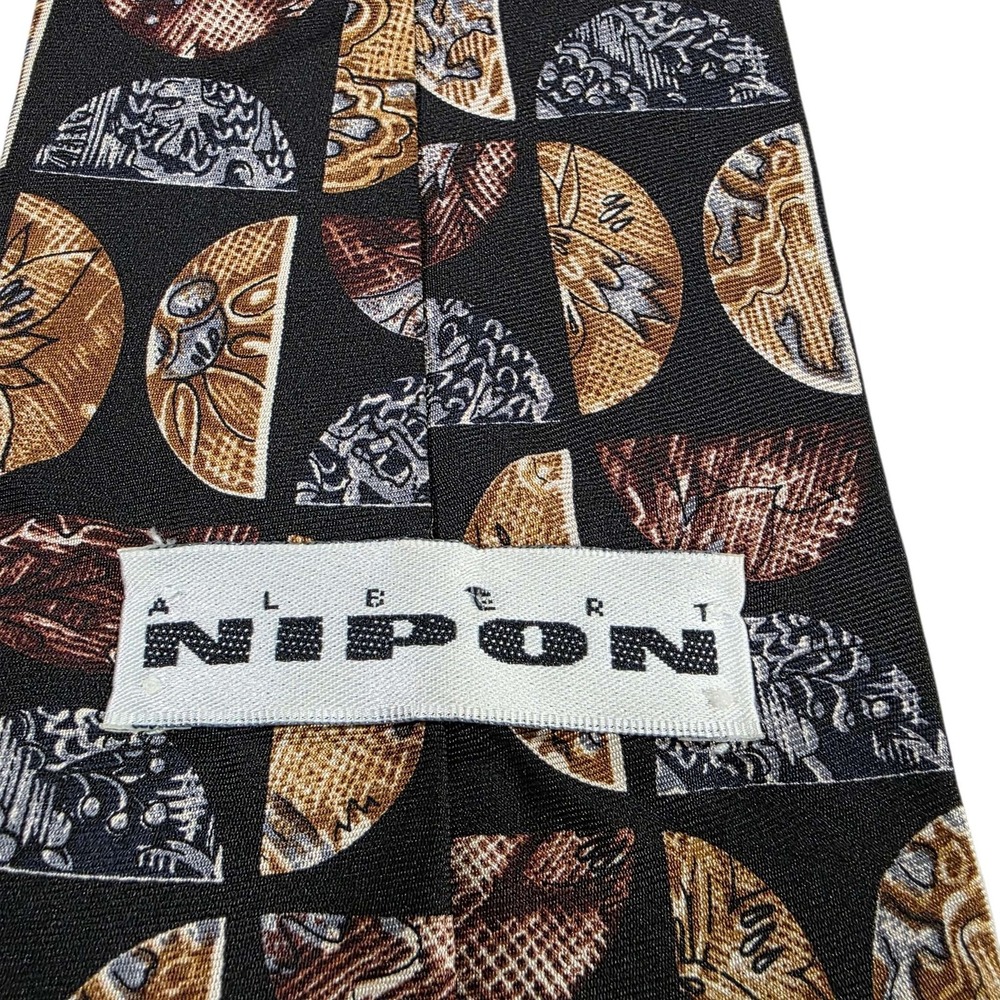 NIPON All Silk Geometric Pattern Necktie Black Gold Brown Men's Formal Power - Picture 3 of 11